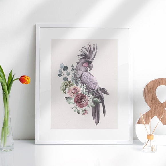 Floral Black Cockatoo Watercolor Illustration Wall Art Print Poster Unframed - Picture 3 of 10